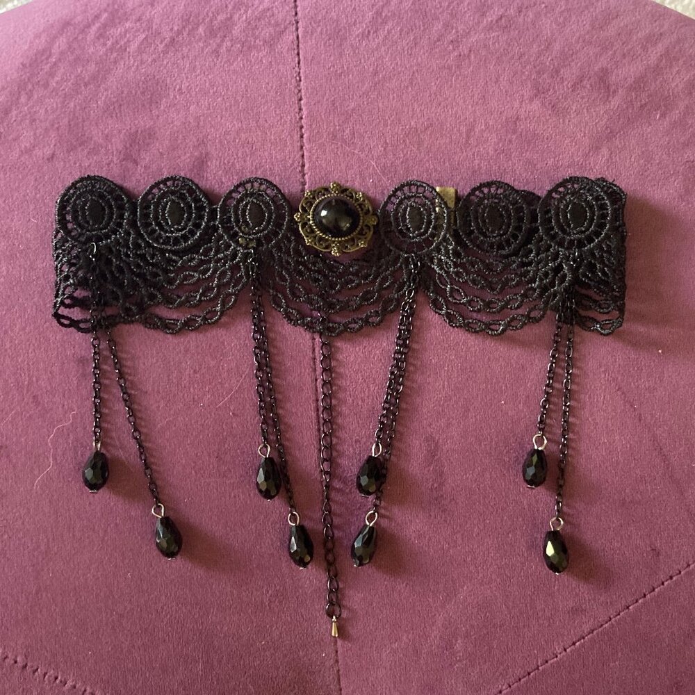 Heavy Red Black Crochet & Beaded Choker